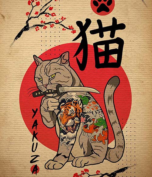 Yakuza Cat Tetoválás Pólók, Pulóverek, Bögrék - Tetoválás