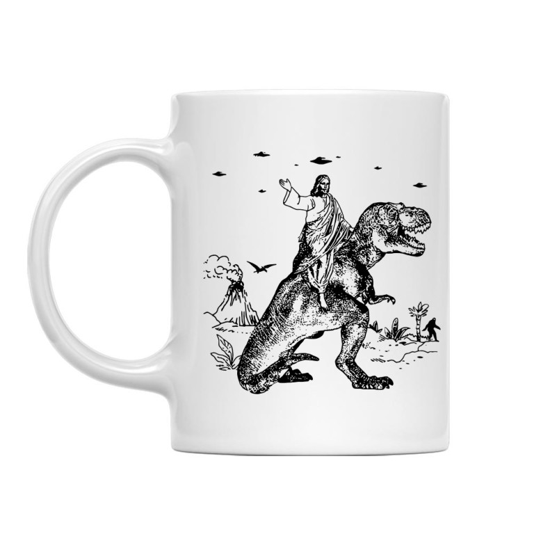 Jesus riding a T-rex
