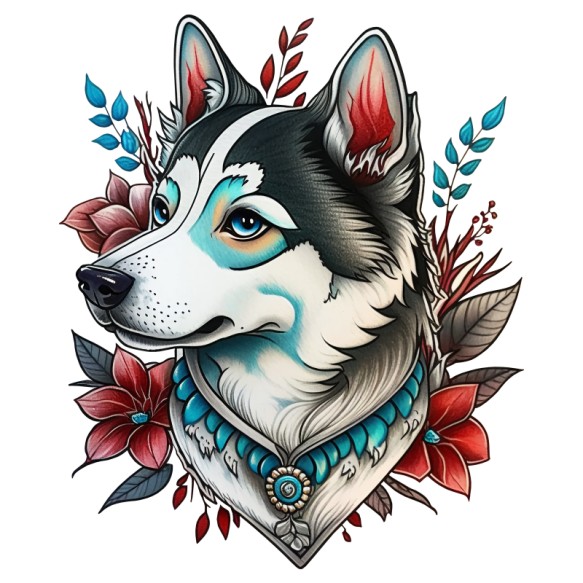 Husky - Neotraditional Husky Husky Husky Pólók, Pulóverek, Bögrék - Szánhúzókért Alapítvány