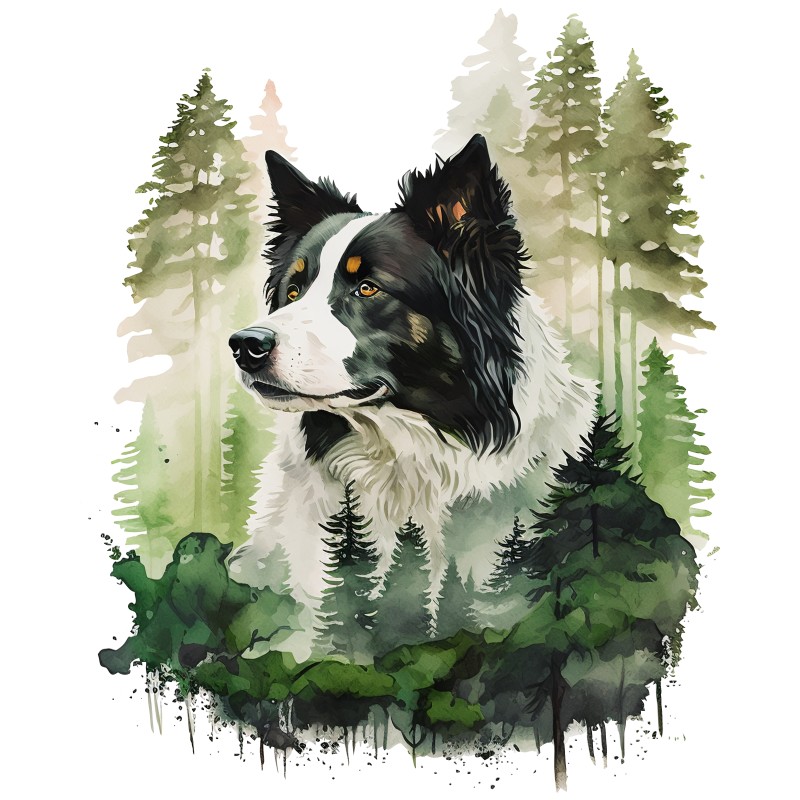 Border Collie Watercolor Forest
